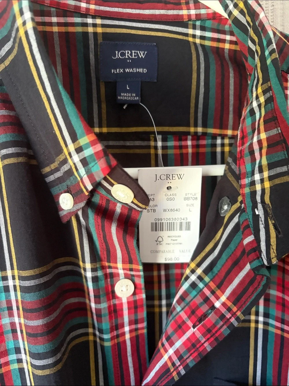 J. Crew Black Plaid Button-Down Shirt with Red, Green & Yellow Stripes